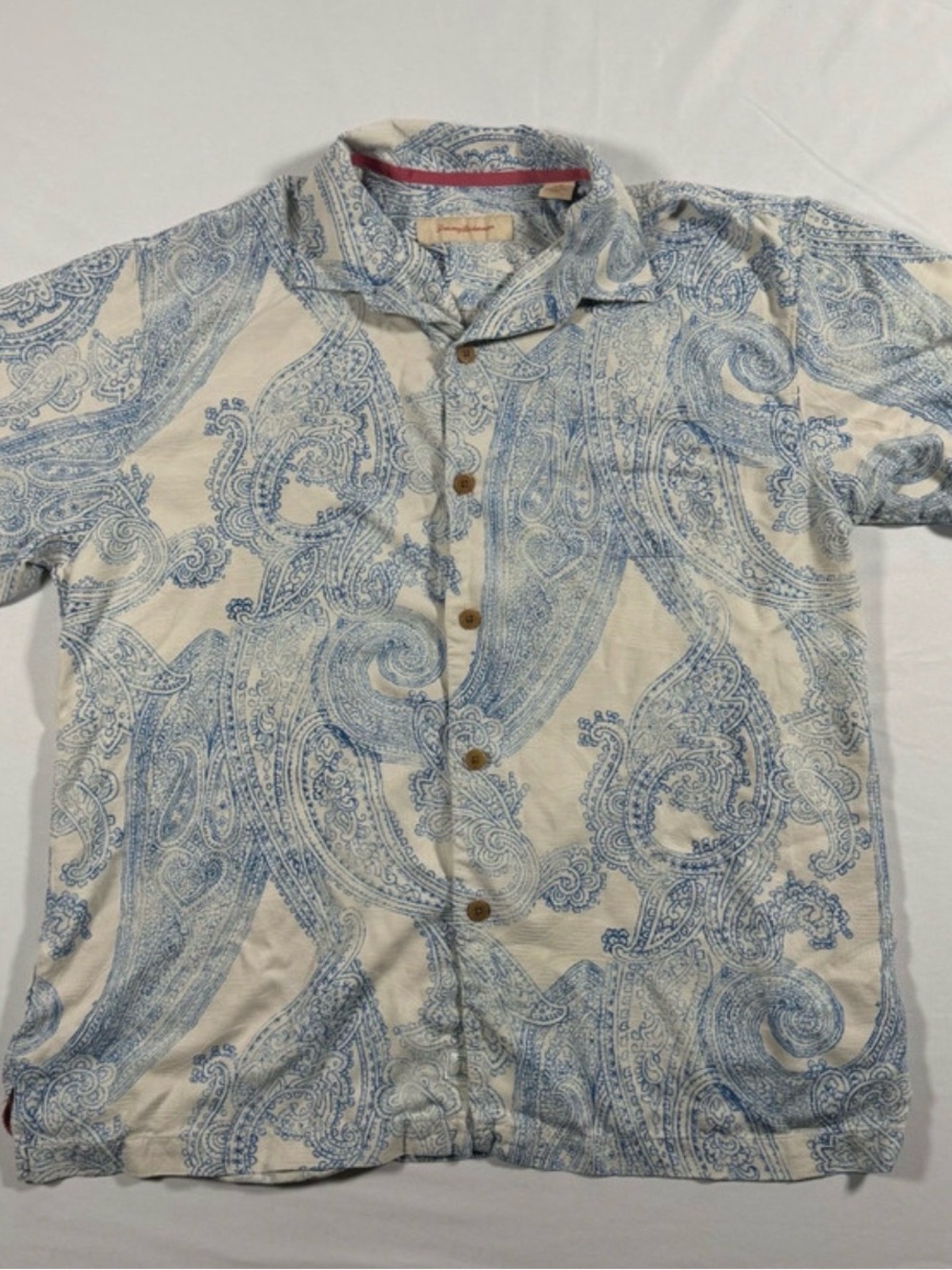 Tommy Bahama Silk Hawaiian Shirt Mens Large Blue White Paisley Camp Button Up